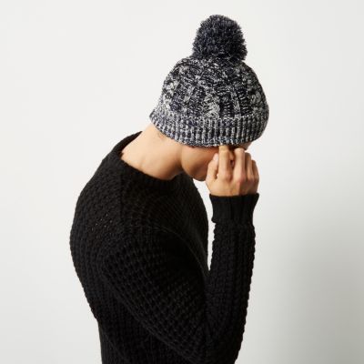 Navy twist knit bobble hat
